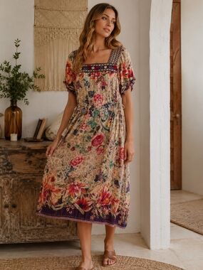 Johnny Was 100% Silk Floral Midi Dress with Purple Hem and Multicolor Print